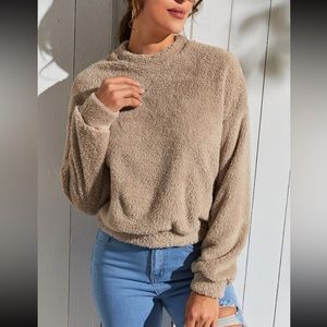 SHEIN LUNE Solid Drop Shoulder Teddy Pullover